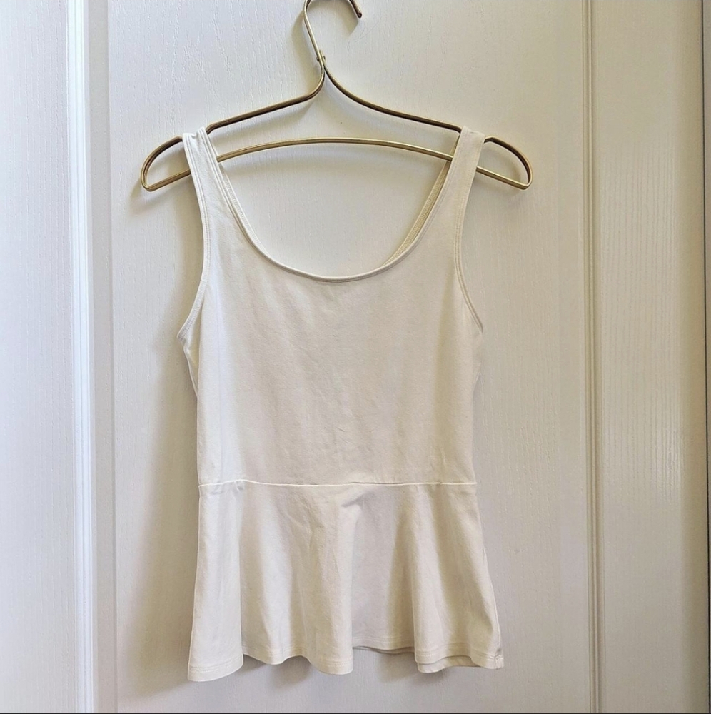 White Cotton Sleeveless Peplum Top with Lime Green Zipper Accent From Express